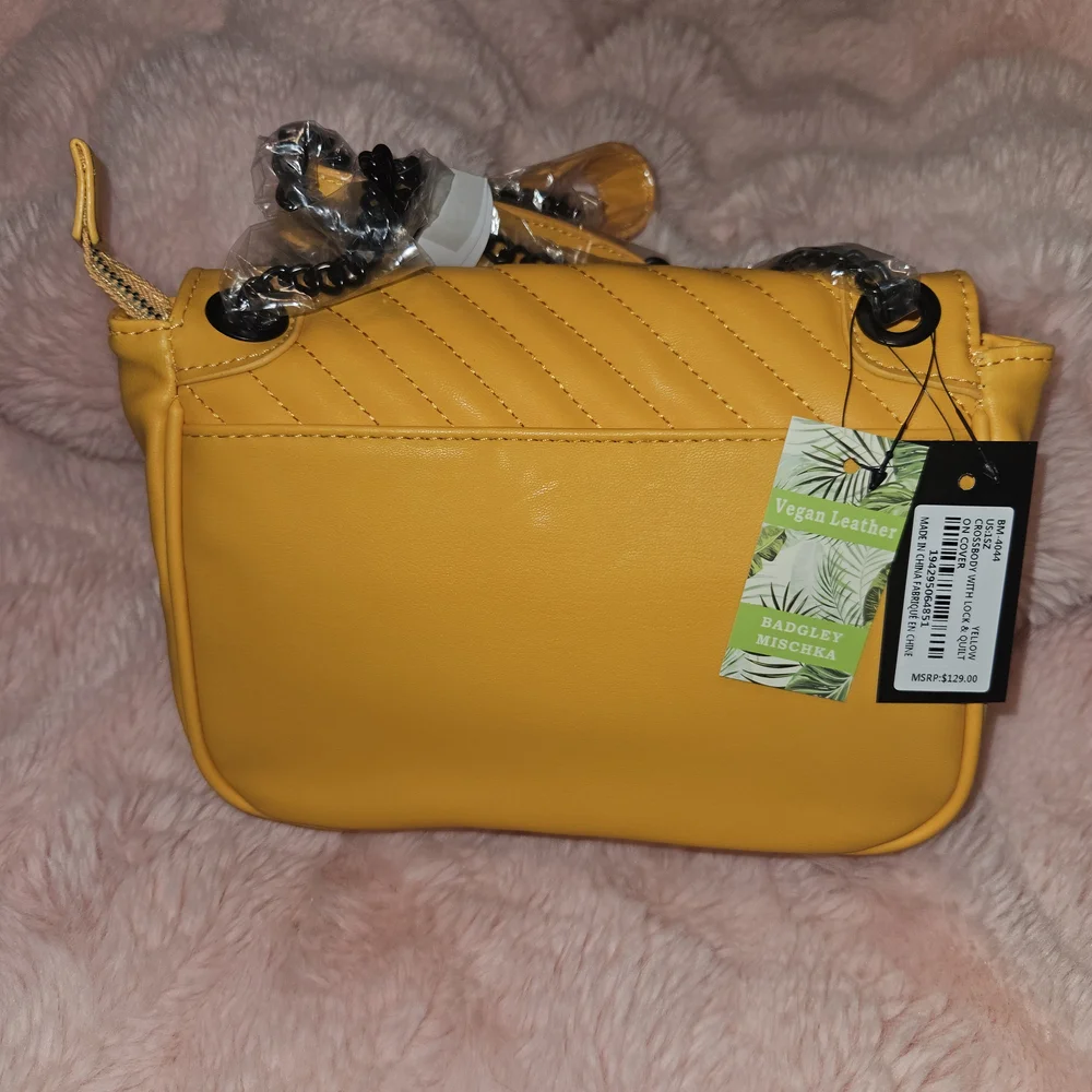 Badgley Mischka Crossbody Quilted Handbag Mustard Yellow Black Hardware NEW